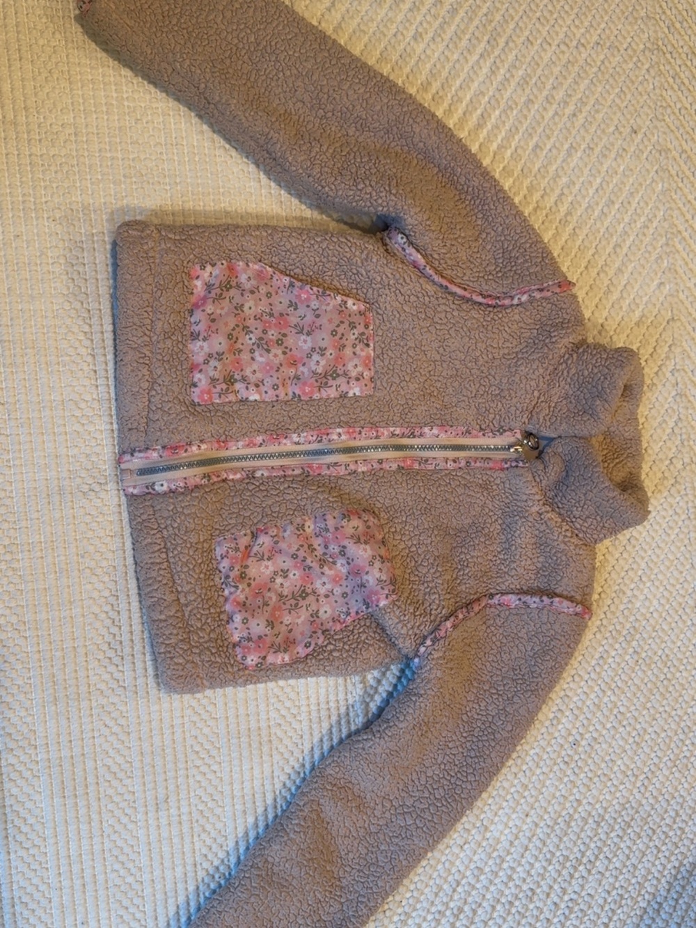 Cozy Teddy Fleece Jacket with Pink Floral Accents